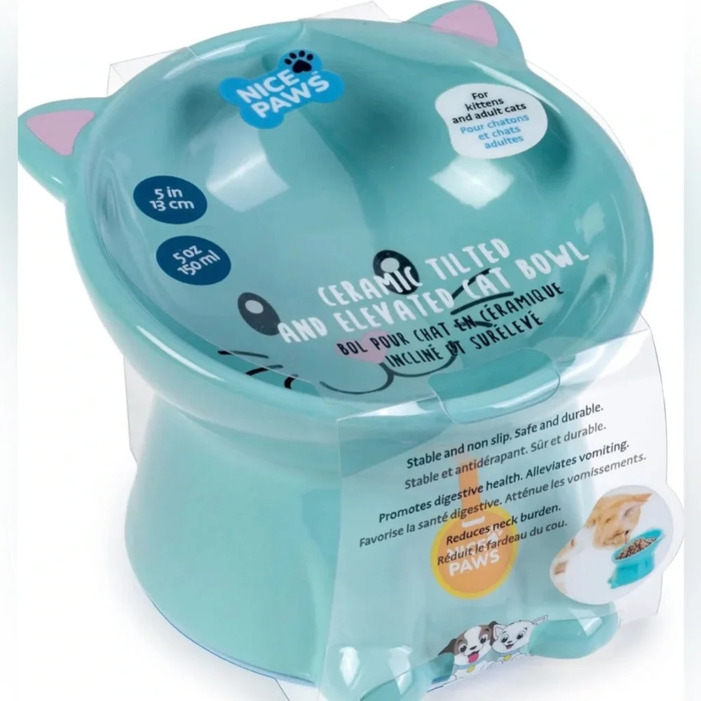 Teal Cat Ceramic Pet Bowl - Cute Heart Nose Design Elevated new